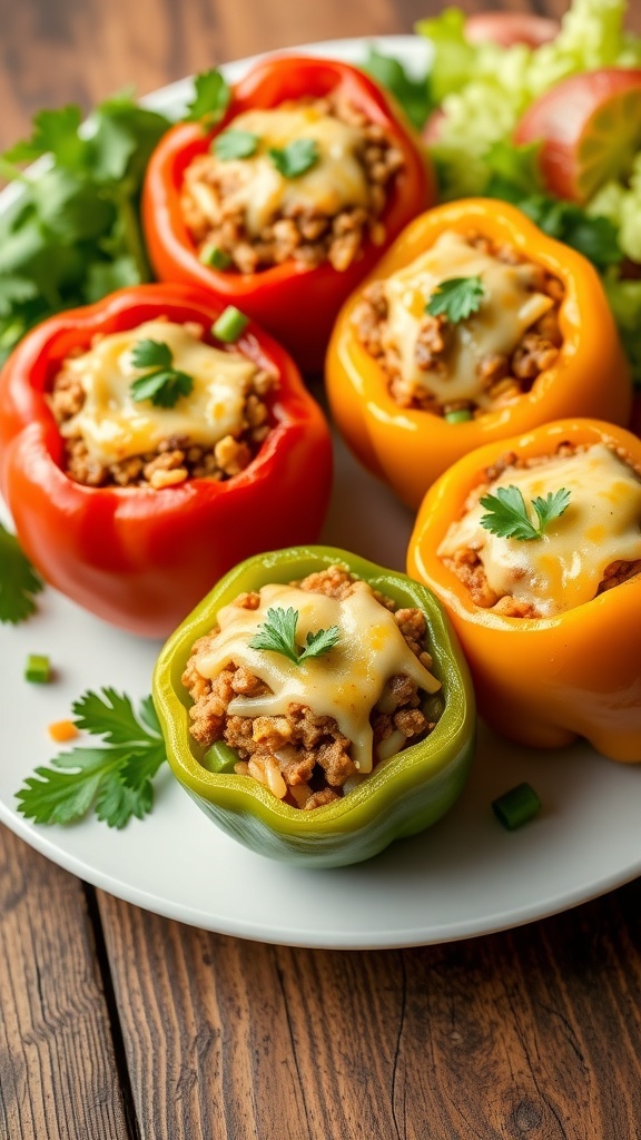 Stuffed bell peppers filled with meat and rice, topped with cheese, served on a rustic table with parsley garnish.